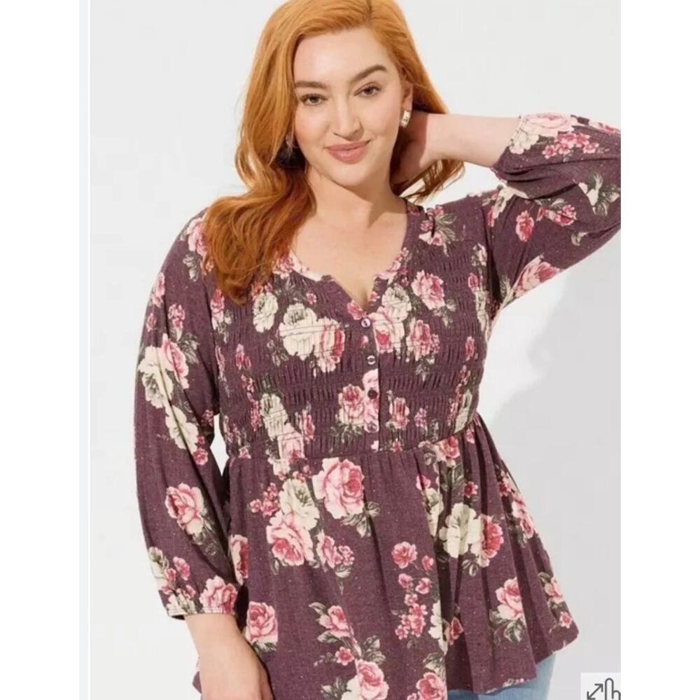 Torrid Texture Smocked Henley Babydoll Roses Floral Winter Bloom, size 2X,18/20